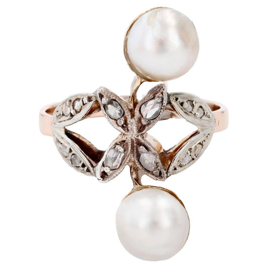 Antique 18 Karat Rose Gold Ring with Diamonds and Mabé Pearls