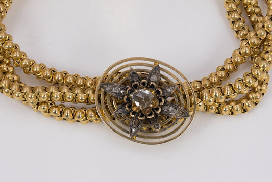 Antique 18k Gold Bracelet with Diamond Rosettes, 1800s