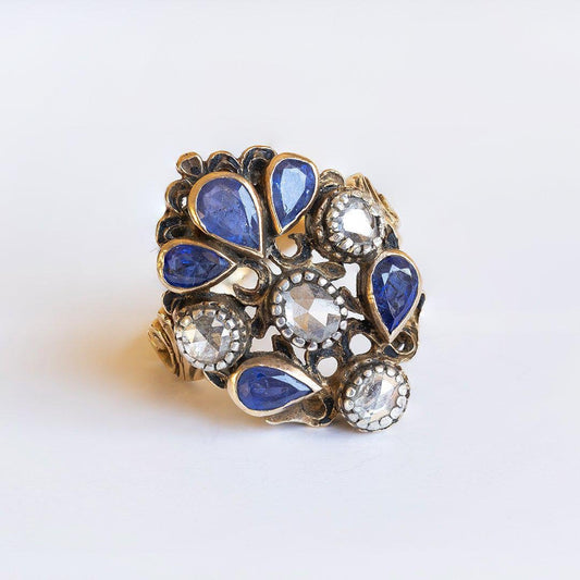 Antique 18K Gold Ring with Rosette Cut Diamonds and Sapphires, 1930s