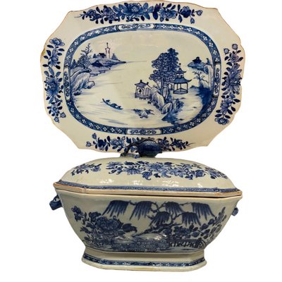 Antique 18th-Century Chinese Porcelain Soup Tureen, Cover & Stand, Set of 3-TCS-1364594