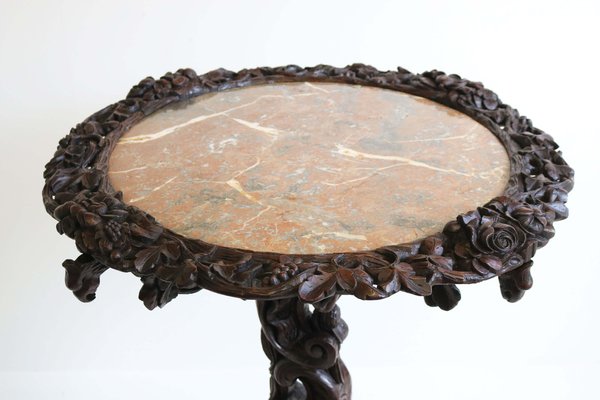 Antique 19th Century Black Forest Side / End Table in Carved Oak & Marble Top, 1870-WIP-2041264