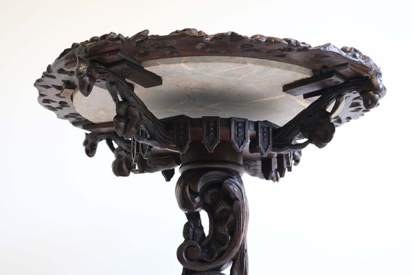 Antique 19th Century Black Forest Side / End Table in Carved Oak & Marble Top, 1870-WIP-2041264