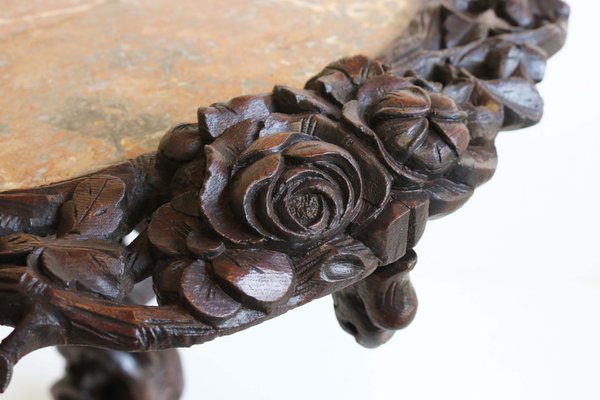 Antique 19th Century Black Forest Side / End Table in Carved Oak & Marble Top, 1870-WIP-2041264