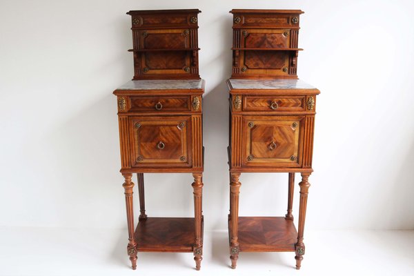 Antique 19th Century French Bedside Tables in Walnut, Marble & Bronze, 1870, Set of 2-WIP-2041215