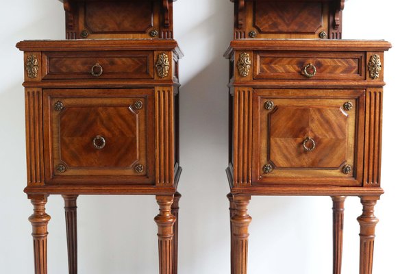 Antique 19th Century French Bedside Tables in Walnut, Marble & Bronze, 1870, Set of 2-WIP-2041215