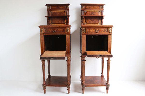 Antique 19th Century French Bedside Tables in Walnut, Marble & Bronze, 1870, Set of 2-WIP-2041215