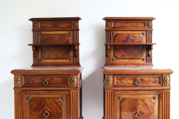 Antique 19th Century French Bedside Tables in Walnut, Marble & Bronze, 1870, Set of 2-WIP-2041215