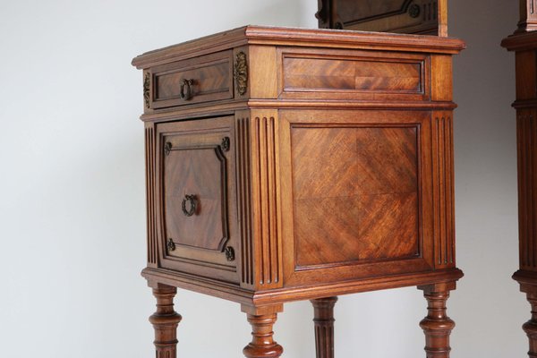 Antique 19th Century French Bedside Tables in Walnut, Marble & Bronze, 1870, Set of 2-WIP-2041215