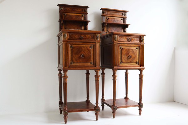 Antique 19th Century French Bedside Tables in Walnut, Marble & Bronze, 1870, Set of 2-WIP-2041215