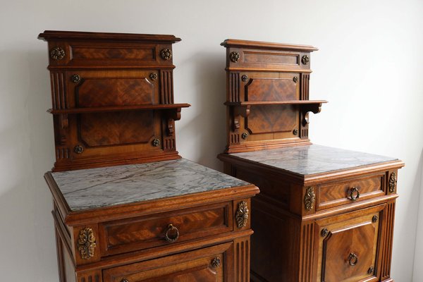 Antique 19th Century French Bedside Tables in Walnut, Marble & Bronze, 1870, Set of 2-WIP-2041215