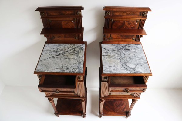 Antique 19th Century French Bedside Tables in Walnut, Marble & Bronze, 1870, Set of 2-WIP-2041215