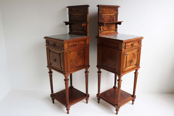 Antique 19th Century French Bedside Tables in Walnut, Marble & Bronze, 1870, Set of 2-WIP-2041215