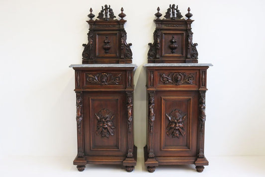 Antique 19th Century Italian Renaissance Revival Bedside Tables / Nightstands, 1880, Set of 2