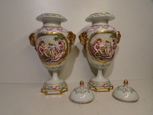 Antique 19th Century Lidded Porcelain Urn Vases from Capodimonte, Italy, Set of 2-AWL-1332316