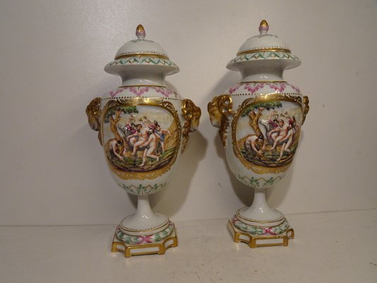 Antique 19th Century Lidded Porcelain Urn Vases from Capodimonte, Italy, Set of 2-AWL-1332316