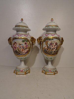 Antique 19th Century Lidded Porcelain Urn Vases from Capodimonte, Italy, Set of 2-AWL-1332316