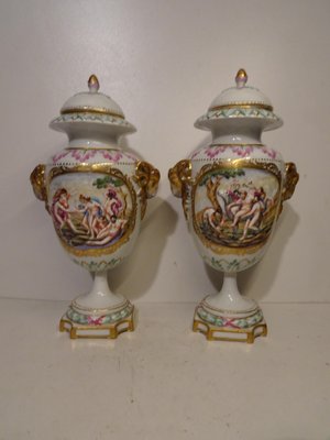 Antique 19th Century Lidded Porcelain Urn Vases from Capodimonte, Italy, Set of 2-AWL-1332316