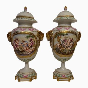 Antique 19th Century Lidded Porcelain Urn Vases from Capodimonte, Italy, Set of 2-AWL-1332316