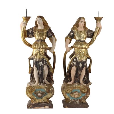 Antique Angel-Shaped Candleholders in Lacquered Wood, 18th Century, Set of 2-VMM-2023861