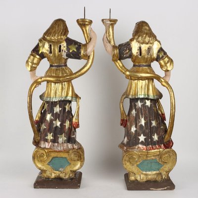 Antique Angel-Shaped Candleholders in Lacquered Wood, 18th Century, Set of 2-VMM-2023861