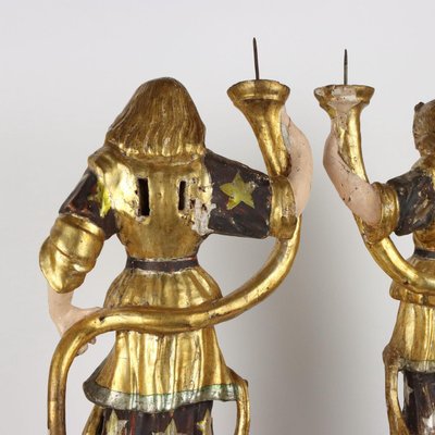 Antique Angel-Shaped Candleholders in Lacquered Wood, 18th Century, Set of 2-VMM-2023861