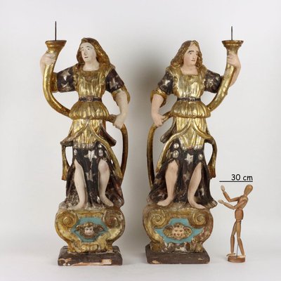 Antique Angel-Shaped Candleholders in Lacquered Wood, 18th Century, Set of 2-VMM-2023861