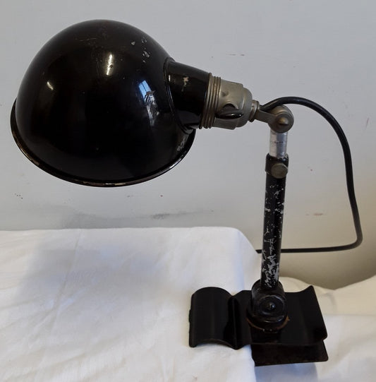 Antique Art Deco Adjustable Desk Lamp in Black Painted Metal With Clamp Foot, 1920s