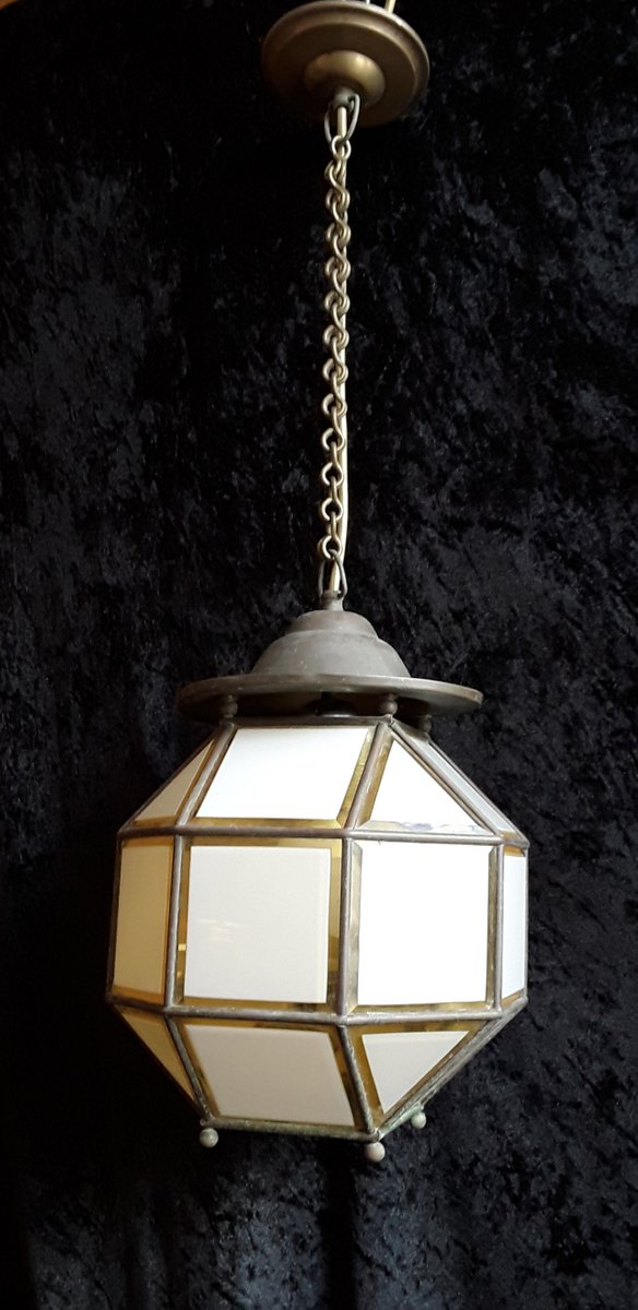 Antique Art Deco Brass Glazed Ground Crystal Glass Plates Corridor Ceiling Lamp, 1920s