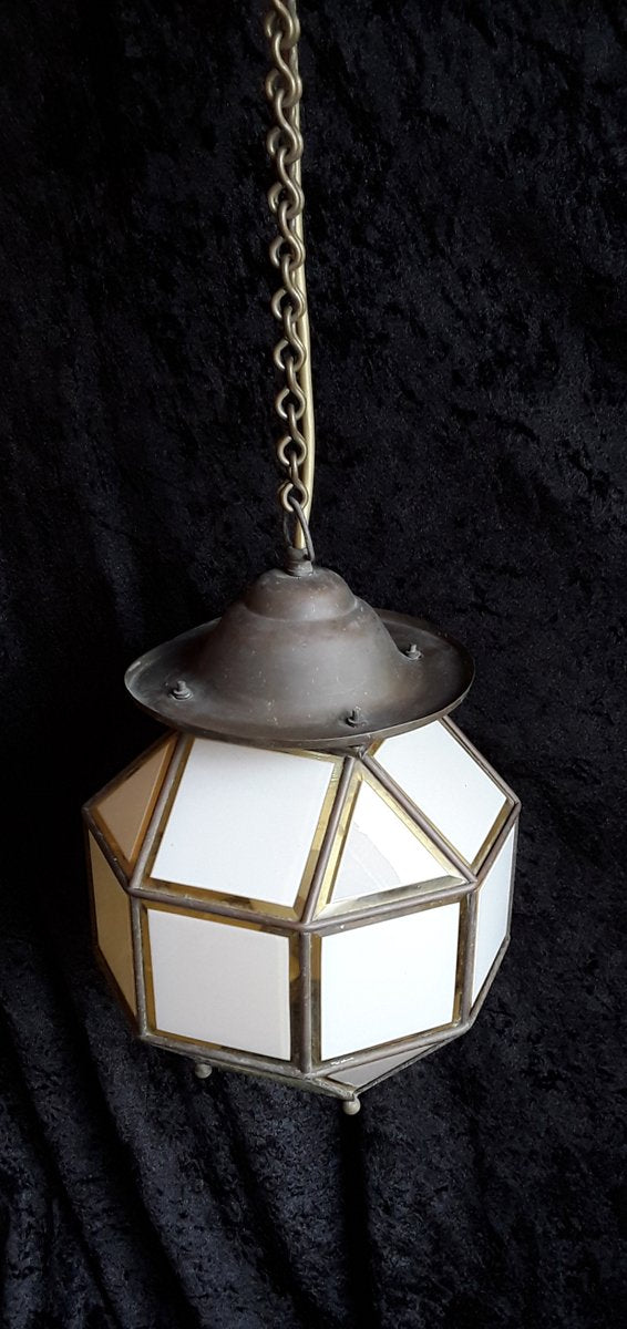 Antique Art Deco Brass Glazed Ground Crystal Glass Plates Corridor Ceiling Lamp, 1920s