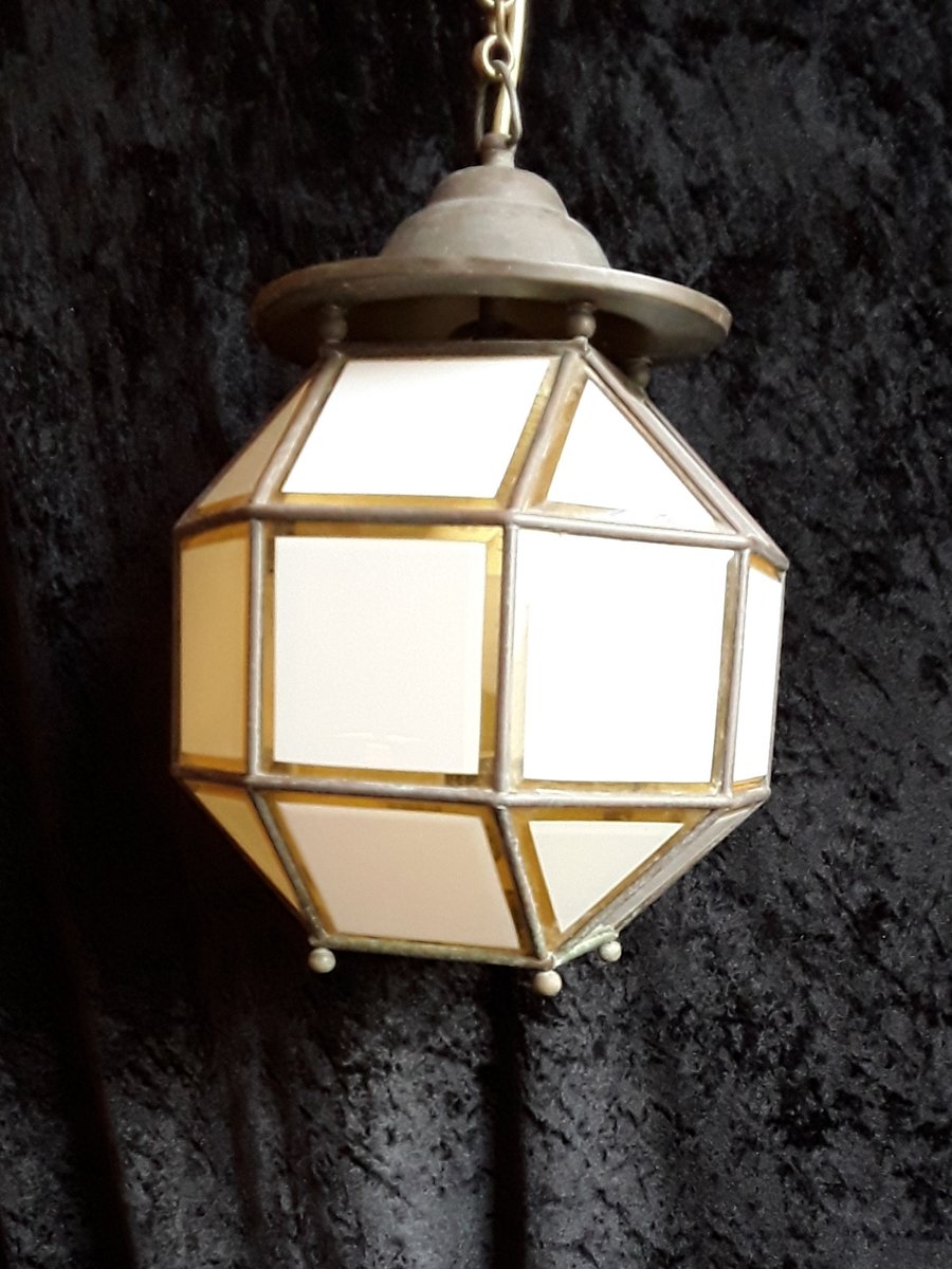 Antique Art Deco Brass Glazed Ground Crystal Glass Plates Corridor Ceiling Lamp, 1920s