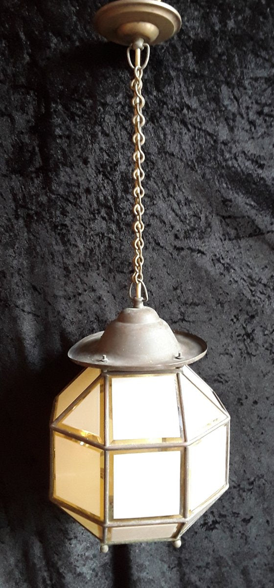 Antique Art Deco Brass Glazed Ground Crystal Glass Plates Corridor Ceiling Lamp, 1920s