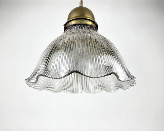 Antique Art Deco Holophane Clear Ribbed Glass Chandelier, 1910s