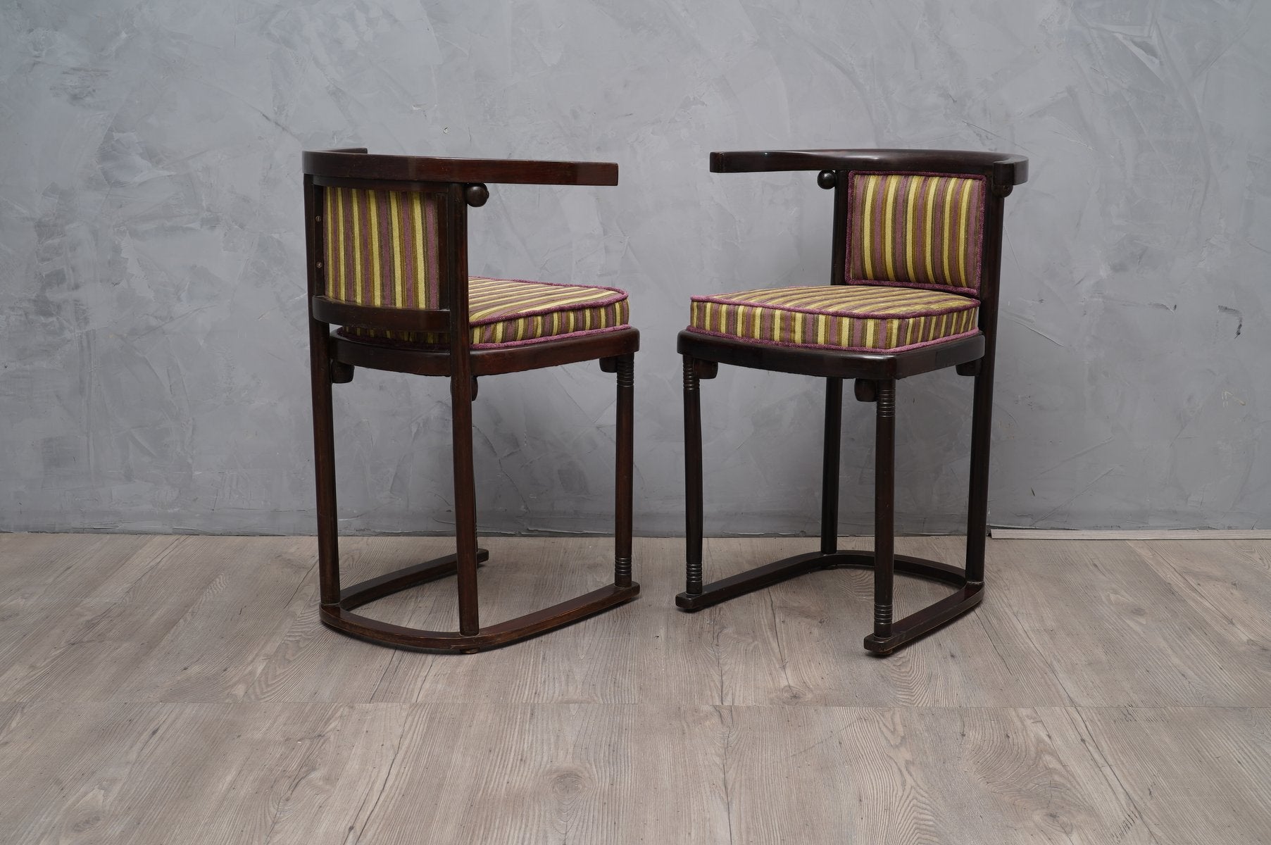 Antique Art Nouveau Austrian Beech Wood and Striped Velvet Chairs, 1910, Set of 2