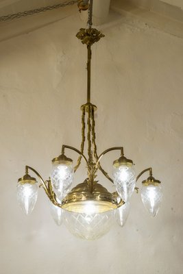 Antique Art Nouveau Brass and Crystal Chandelier, Italy, 1920s-QES-1312921