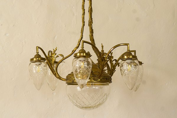 Antique Art Nouveau Brass and Crystal Chandelier, Italy, 1920s-QES-1312921