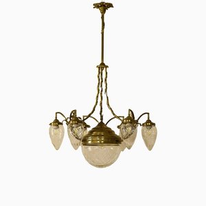 Antique Art Nouveau Brass and Crystal Chandelier, Italy, 1920s-QES-1312921