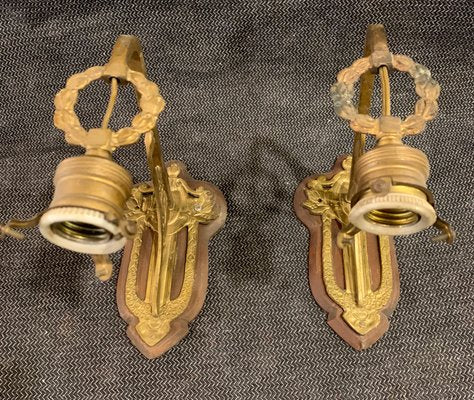 Antique Art Nouveau Brass and Wood Sconces, Set of 2-NUO-697107