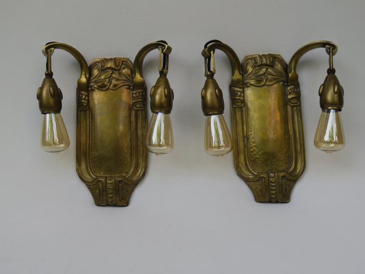 Antique Art Nouveau Brass Wall Lights, Set of 2-EY-565013