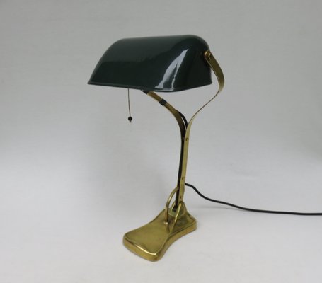 Antique Art Nouveau Enameled Brass Bankers Lamp with Dark Green Shade-EY-727772