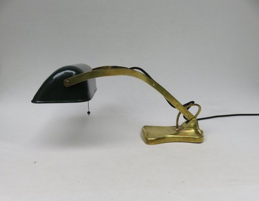 Antique Art Nouveau Enameled Brass Bankers Lamp with Dark Green Shade-EY-727772