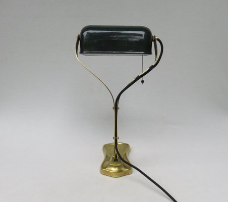 Antique Art Nouveau Enameled Brass Bankers Lamp with Dark Green Shade-EY-727772