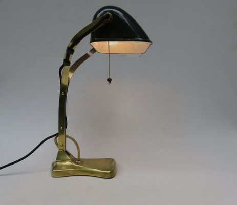 Antique Art Nouveau Enameled Brass Bankers Lamp with Dark Green Shade-EY-727772