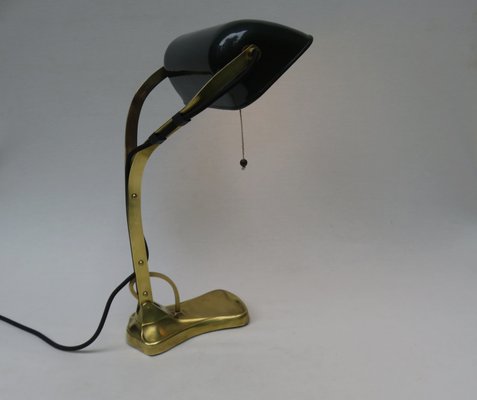 Antique Art Nouveau Enameled Brass Bankers Lamp with Dark Green Shade-EY-727772