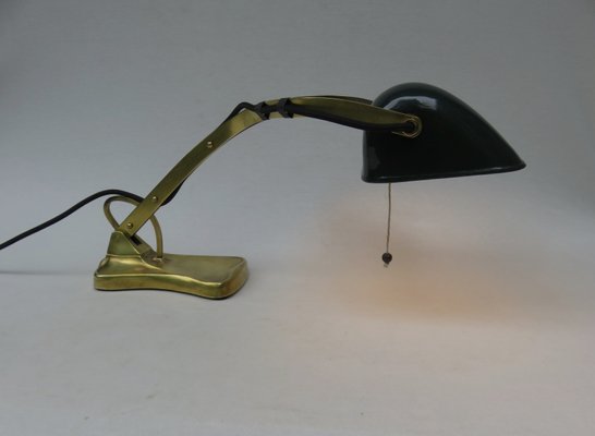 Antique Art Nouveau Enameled Brass Bankers Lamp with Dark Green Shade-EY-727772