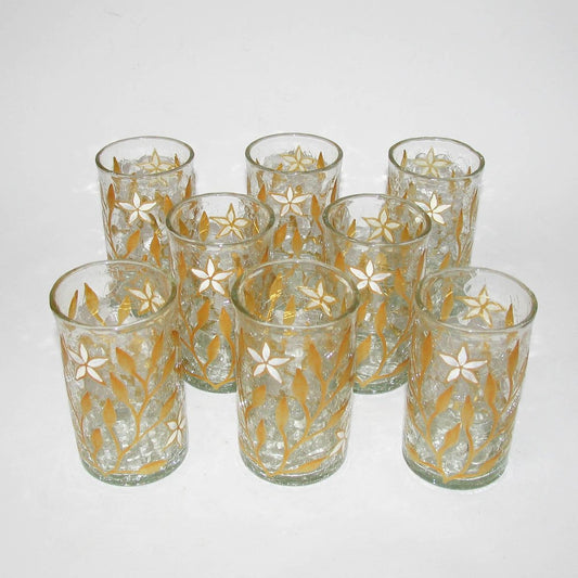 Antique Art Nouveau Gold & Enamel Painted Craquele Tea Glasses, Set of 8