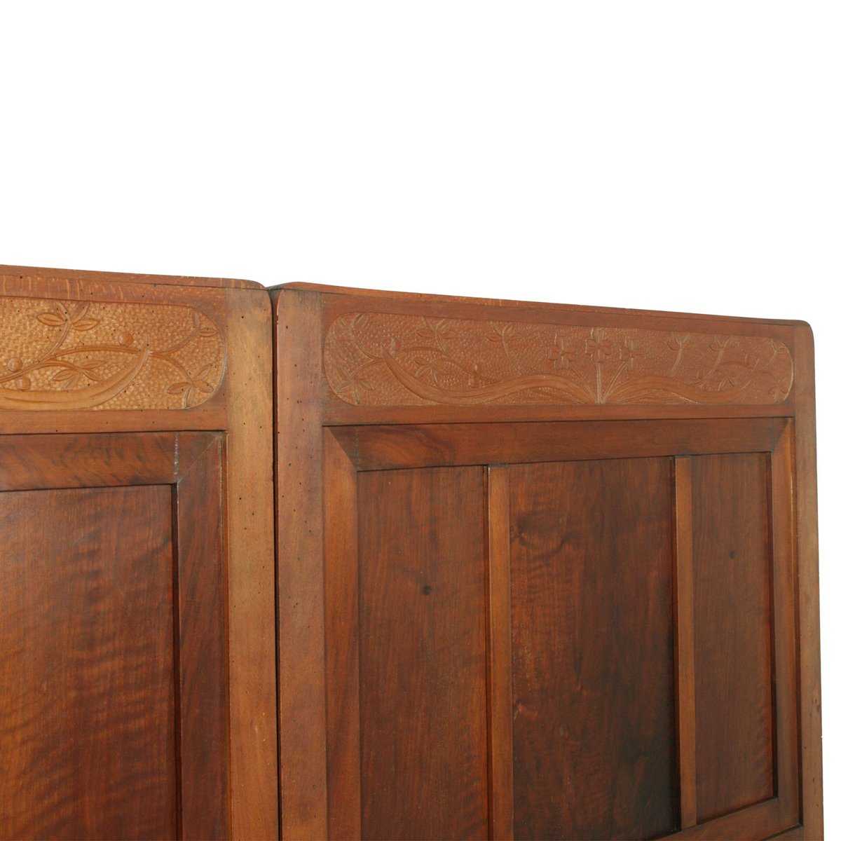 Antique Art Nouveau Hand Carved Cherrywood and Walnut Double Twin Bed, 1920s, Set of 2