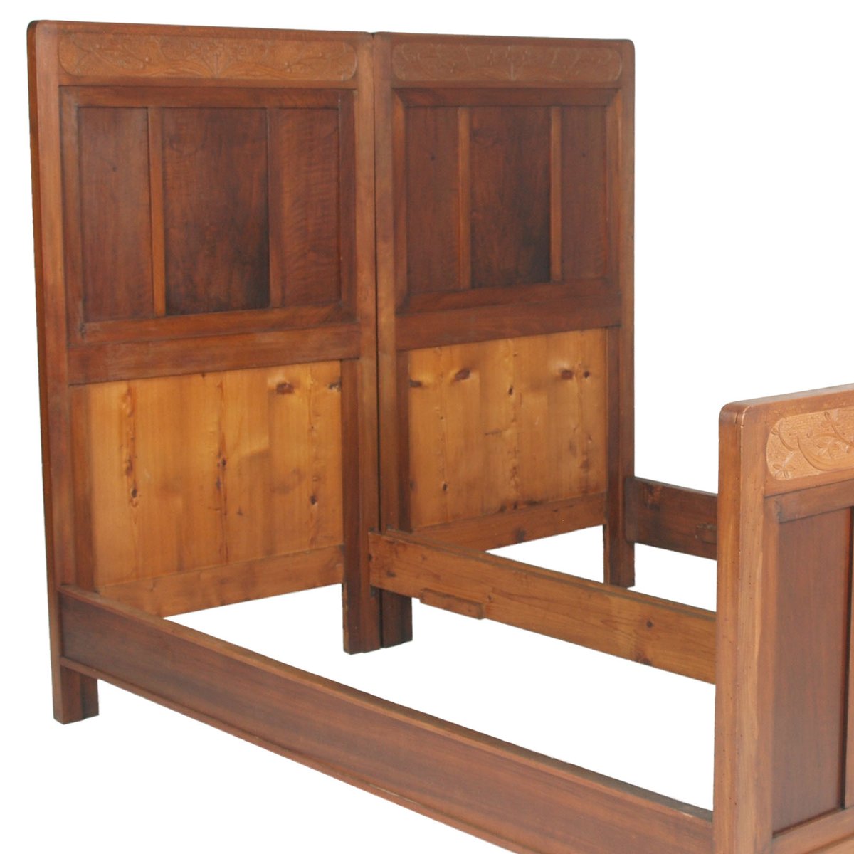 Antique Art Nouveau Hand Carved Cherrywood and Walnut Double Twin Bed, 1920s, Set of 2