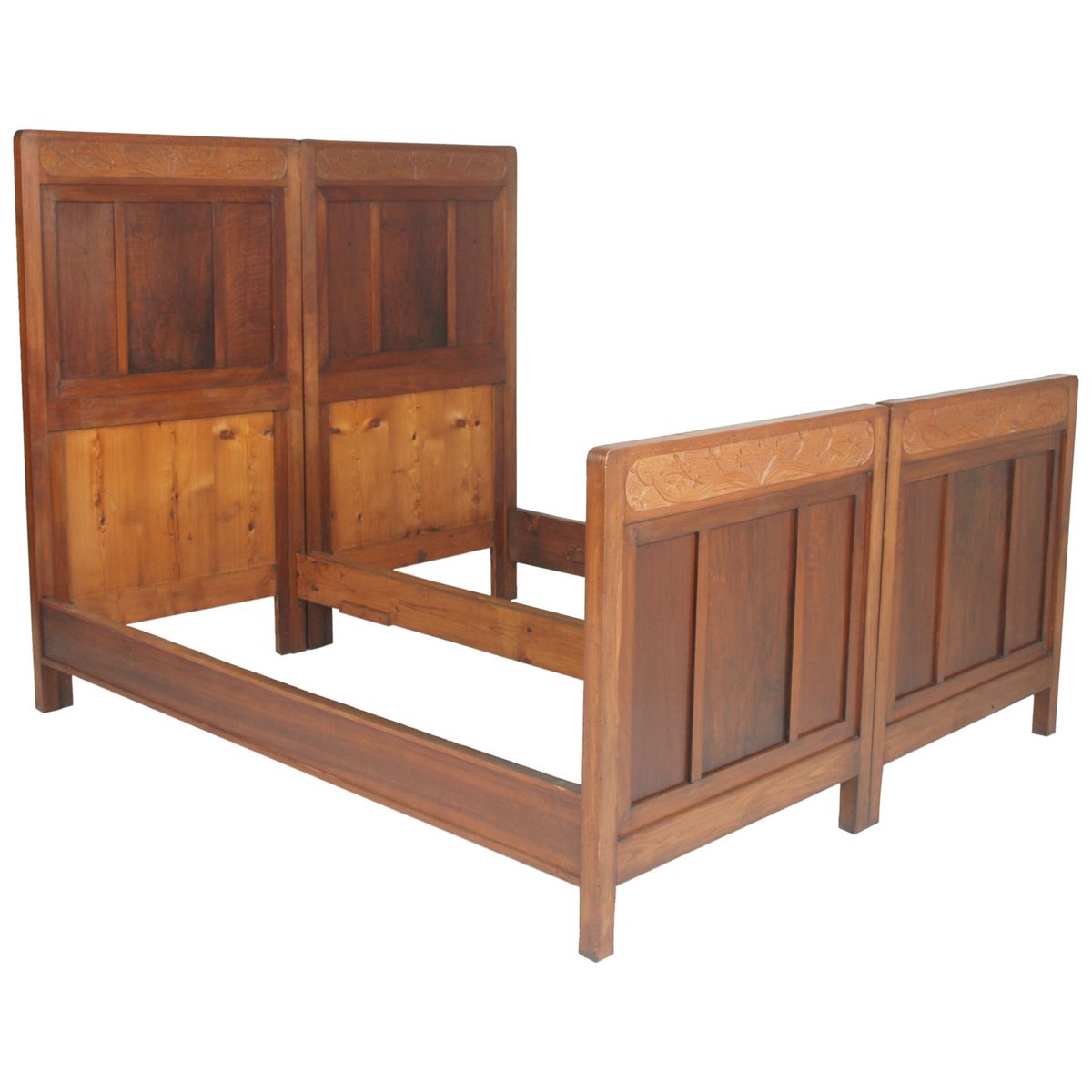 Antique Art Nouveau Hand Carved Cherrywood and Walnut Double Twin Bed, 1920s, Set of 2