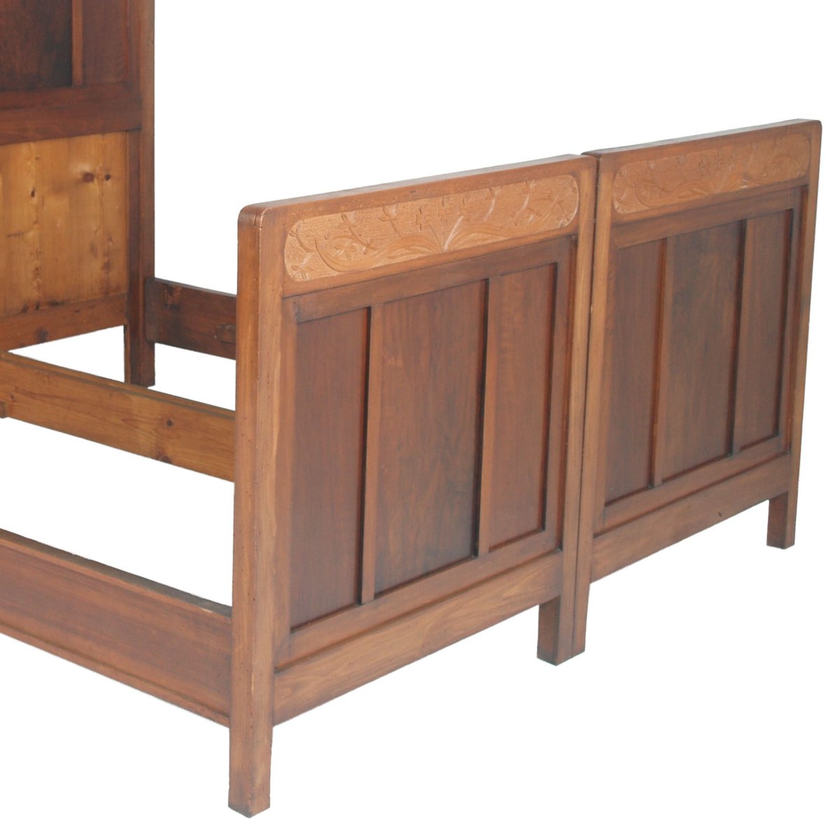 Antique Art Nouveau Hand Carved Cherrywood and Walnut Double Twin Bed, 1920s, Set of 2