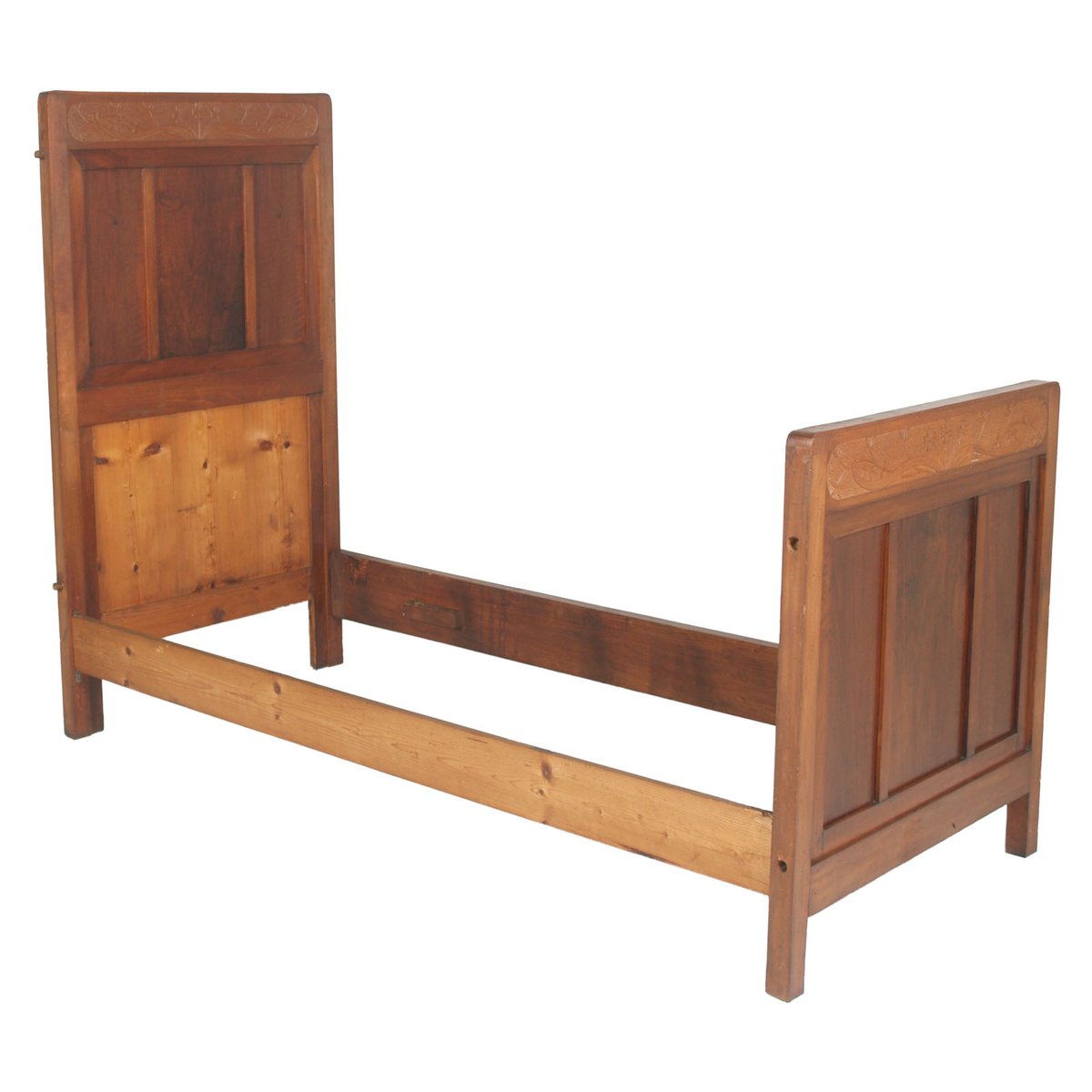 Antique Art Nouveau Hand Carved Cherrywood and Walnut Double Twin Bed, 1920s, Set of 2